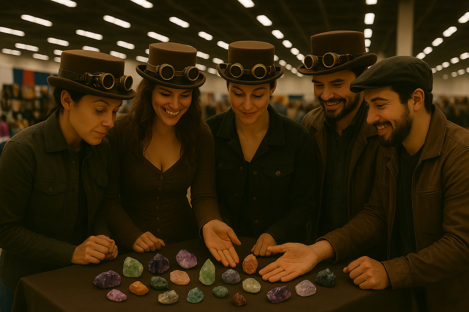 Steampunk enthusiasts examining crystals at Mystic Market
